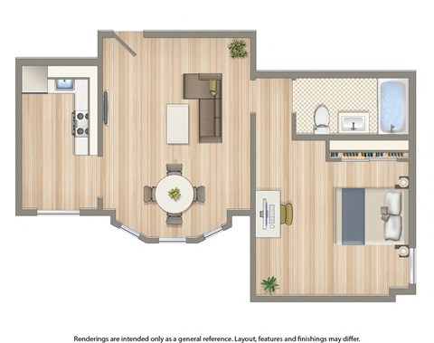 Floor plan for 1 bed, 1 bath, 593 sqft